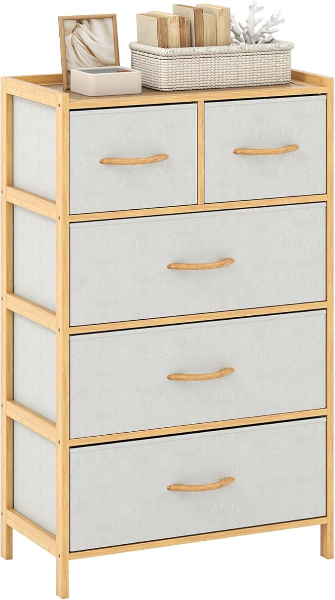 Giantex 5-Drawer Dresser for Bedroom, Bamboo Storage Tower with 5 Foldable Fabric Drawers & Top Shelf, Modern Chest of Drawers, Tall Vertical Organizer Unit for Closet, Living Room, Hallway, Natural
