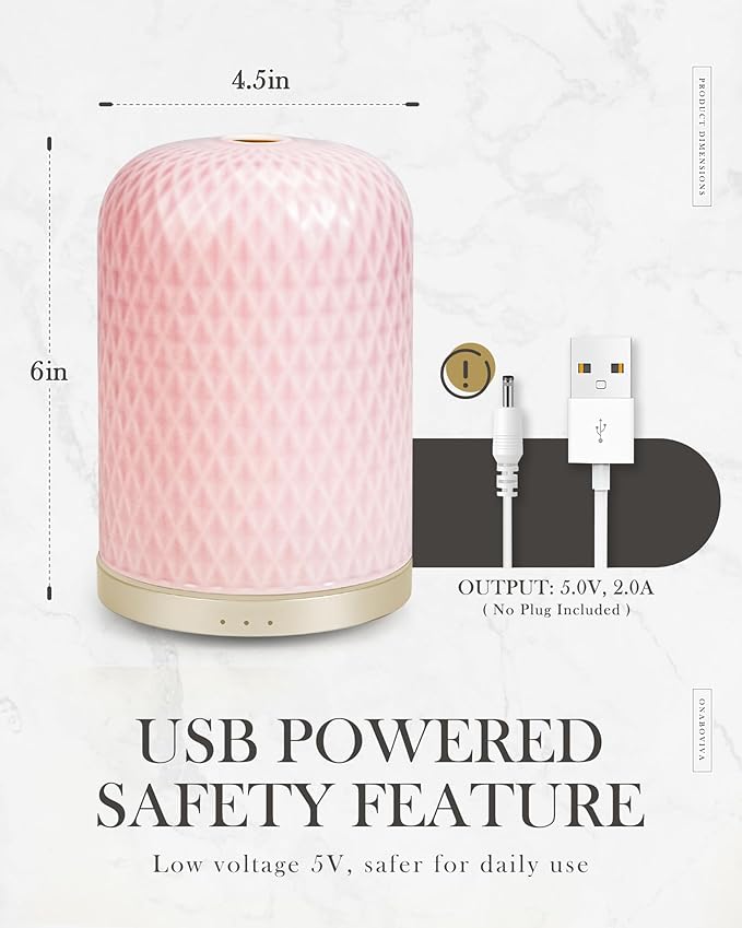 Essential Oil Diffusers,Diffusers for Essential Oils Large Room,110ML Ceramic Diffuser with USB Cable, Warm Ambient Light, Aromatherapy Diffuser Home Decor, Gift Choice, Pink