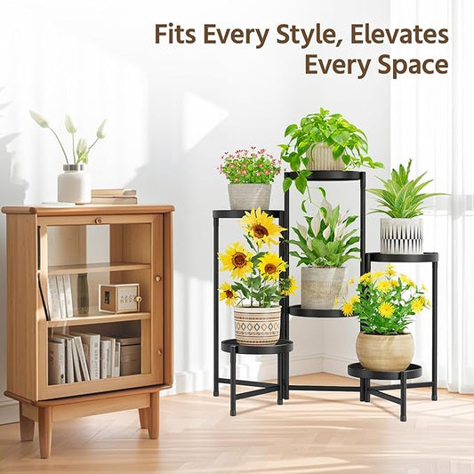 LASZOLA 6 Tiered Folding Plant Stand Indoor for Multiple Large Planter, Tall Heavy Duty Adjustable Rack with Rust Proof 10 Inch Wide Tray, Sturdy Vertical Tree Organizer for Narrow Inside Floor, Black