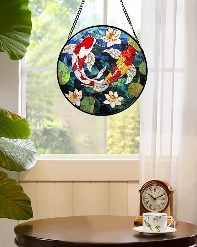 Stained Glass Window Hanging, Koi and Lotus Sun Catcher for Door Home Decor Fish Suncatcher Christmas Mother's Day Birthday Gifts for Women Men Mom and Nana 7.8 in