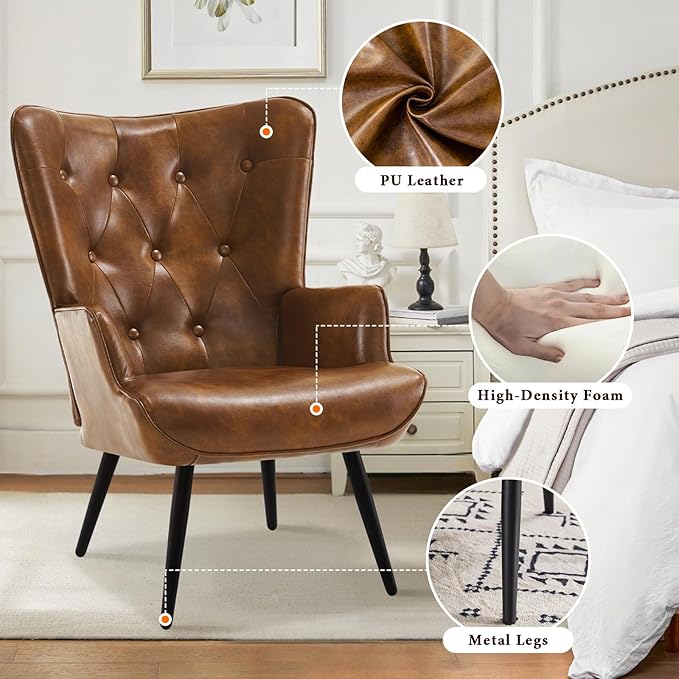 Furniliving PU Leather Accent Chair with Ottoman, Upholstered Reading Chair with High Backrest, Tufted-Button Wingback Armchair for Bedroom, Dressing Room, Home Office, Brown