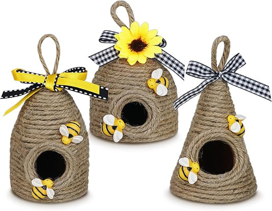 Rustic Bumble Bee Hive Decor - 3 Pack Natural Bee House, Spring/Summer Farmhouse Kitchen Table Tiered Tray Decor