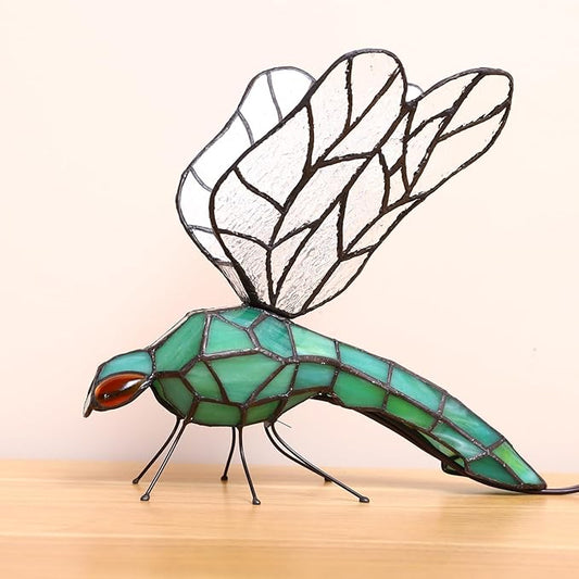Tiffany Table Lamp Green Dragonfly Stained Glass Bedside Nightstand Night Light,3 Color-Temperature,Handcrafted Light for Living Room,Bedroom+LED Bulb,Home Decor Gifts