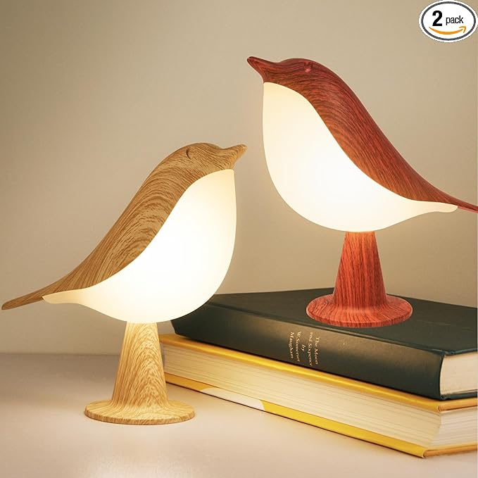 2 Cute Bird Lamps Combo,Small Bedside Lamps with 3 Color Temperature and Adjustable Brightness,Rechargeable Cordless Lamp for Bedroom Nightstand Bedside Table (Wood Tone + Red)