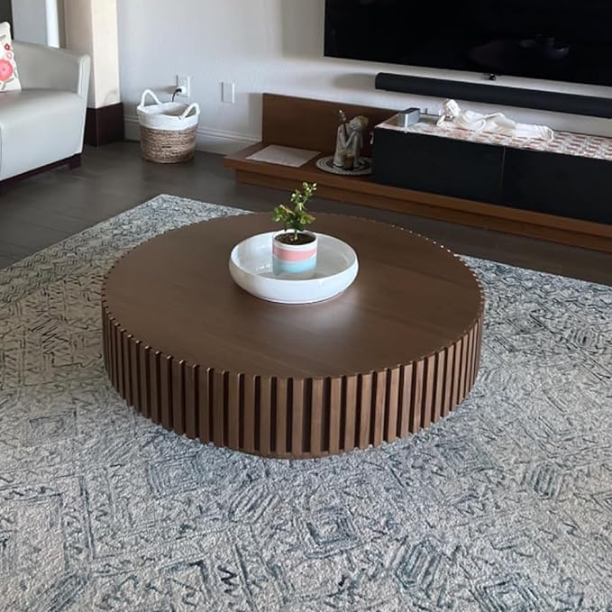 31.49'' Round Coffee Table for Living Room, Modern Wood Nesting Coffee Table Handcraft Circle Fluted Drum Coffee Table, Easy Assembly