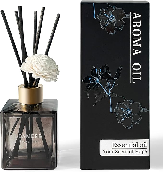 Reed Diffuser Set, 6.1 oz (180 ml) Tropical Fruit Scented Diffuser with Sticks Long-Lasting Home Fragrance Reed Diffuser for Home Room Office Bathroom Shelf Decor