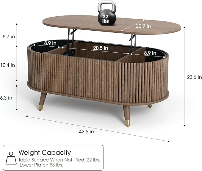 Oval Coffee Table with Storage,42.5” Fluted Coffee Table with Lifting Top & Solid Wood Legs,Modern Lift Up Center Table for Living Room,Home Office,Walnut