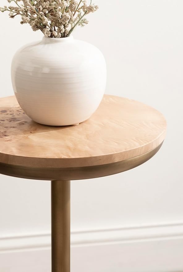 Kate and Laurel Xyler Modern Round Wood and Metal Drink Table, 10 x 10 x 24, Burlwood and Antique Brass, Transitional Pedestal Table for Use as Indoor Plant Stand or Living Room Decor Accent
