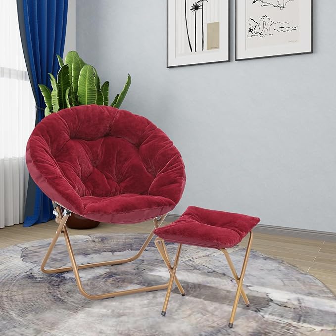 Athena Collection Saucer Chair with Ottoman Comfy Chair for Bed Room Living Room Folding Round Cozy Chair Faux Fur Metal Frame Foldable Lazy Chair Accent Chair Reading Chair, Red, Burgundy
