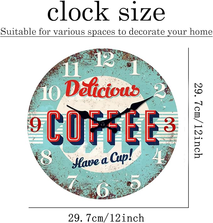 XFM Vintage Kitchen Wall Clock 12 Inch Silent Wooden Wall Clocks Battery Operated Blue Retro Round Clocks for Cafes Bar Farmhouse Office