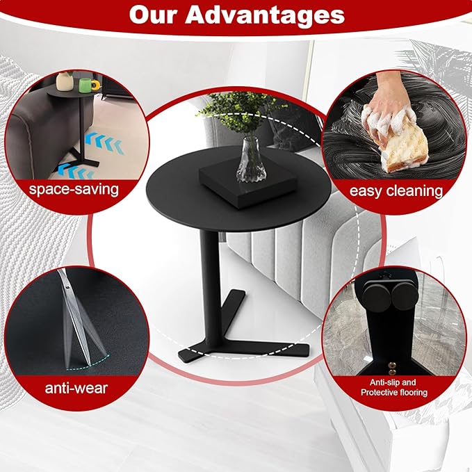 C Shaped Metal End Table, Small Round Side Table for Living Room, Bedroom, Office, Iron Accent Table for Sofa Couch, Drinking Tables for Cafes and Beverage Shops (Black, Heights 24.8in)