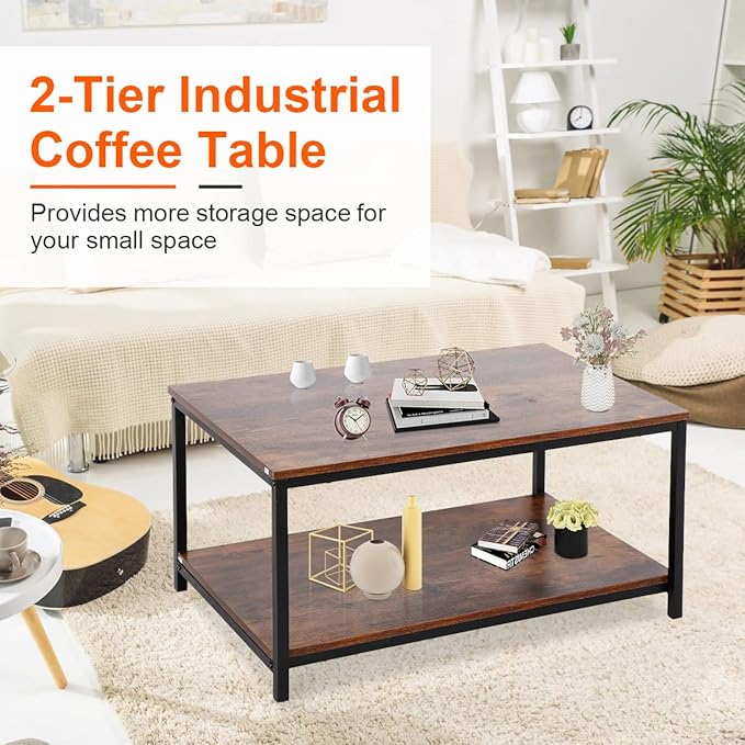 ZenStyle Industrial Coffee Table with Storage Shelf for Living Room, Wood Look Accent Furniture with Vintage Wooden Board Stable Metal Frame Cocktail Table 2-Tier Tea Table, Rustic Brown