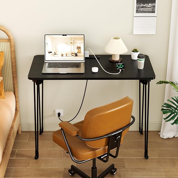 Folding Desk, 31.5" Hairpin Legs Small Desk with Power Strip for Bedroom, Space Saving Foldable Computer Desk for Home Office, No Assembly Need, Black