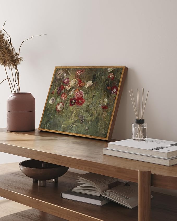 InSimSea Framed Canvas Wall Art Vintage Decor, FLoral Wall Art Decorations Classical Oil Painting Canvas Prints A Bed of Poppies Retro Home Decor Gifts, 12"x16"