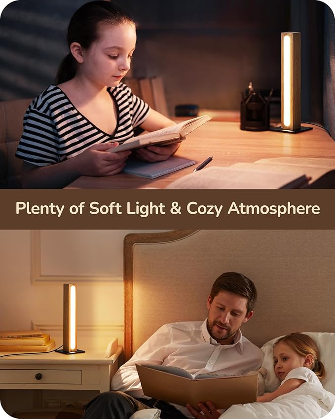 EDISHINE LED Wood Table Lamp, 3-Color Temperature Minimalist Bedside Lamp, Stepless Dimmable & Memory Function, Touch Switch, Square Nightstand Lamp for Bedroom, Living Room, One-Step Installation