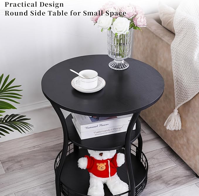 Round Side Table, 3-Tier Accent End Table with Storage Shelf, Corner Sofa Beside Table for Small Spaces,Nightstand with Metal Frame for Living Room, Bedroom (Black)