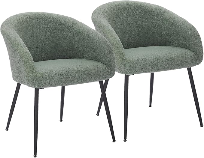 Modern Small Accent Chair Set of 2, Comfy Sherpa Makeup Vanity Chair with Metal Legs, Decorative Chair no Wheels for Living Room, Dressing Room, Bedroom, Green
