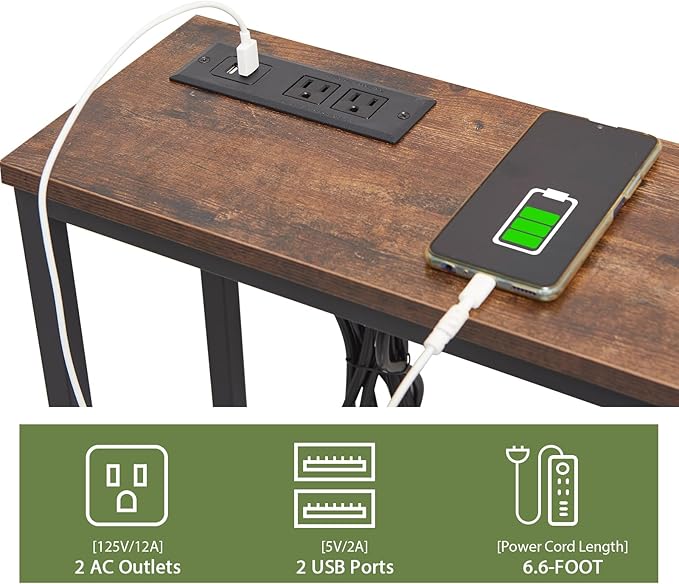63 Inch Sofa Table，Narrow Console Table with Power Outlet，Slim Entryway Table for Living Room,Hallway,Bedroom(Rustic Brown)