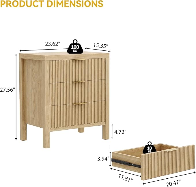 End Table with Storage, Wooden Farmhouse Nightstands with 3 Drawers, Bedside Table - Boho Tall Side Table Accent for Bedroom, Living Room, Nature