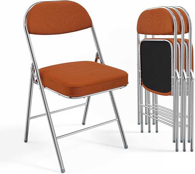 VINGLI 4 Pack Folding Chairs with Padded Seat & Backrest, Metal Frame, Durable Corduroy Fabric, 350 lbs Capacity, Set of 4, Orange – Ideal for Weddings, Parties, Office Events