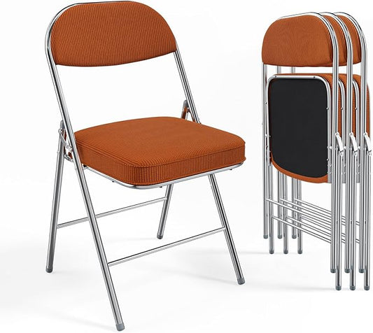 VINGLI 4 Pack Folding Chairs with Padded Seat & Backrest, Metal Frame, Durable Corduroy Fabric, 350 lbs Capacity, Set of 4, Orange – Ideal for Weddings, Parties, Office Events