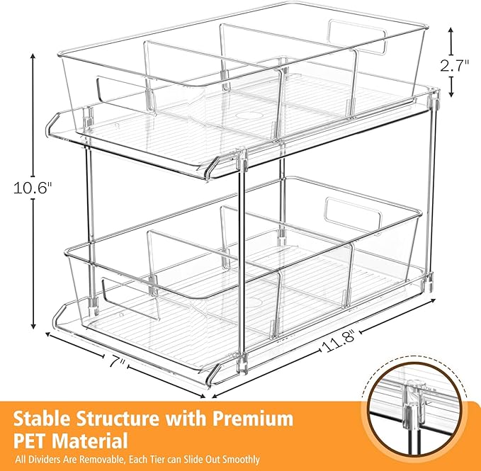 Pull-out Home Organizer, 3 Pack 2 Tier Clear Bathroom Organizer with Dividers, Multipurpose Vanity Counter Tray, Kitchen, Closet Organizers, Cabinet & Storage Container Bins