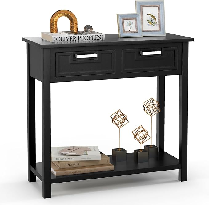 KOTEK Console Table with 2 Drawers & Shelf, Narrow Sofa Table with Rubber Wood Legs, Small Entryway Table for Living Room, Hallway, Office (Black)