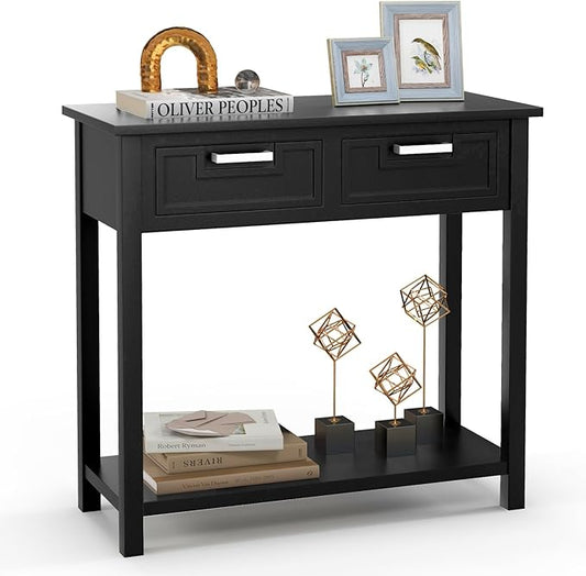 KOTEK Console Table with 2 Drawers & Shelf, Narrow Sofa Table with Rubber Wood Legs, Small Entryway Table for Living Room, Hallway, Office (Black)
