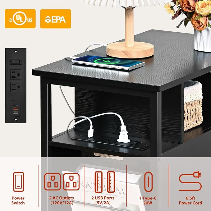 Livofloral Black Side Tables, End Table with Charging Station, Narrow End Table with 2 Wooden Drawers, USB Ports and Power Outlets, Slim Nightstand and Bedside Table, End Tables Living Room, Bedroom