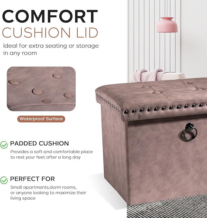 16 Inches Folding Cube Storage Ottoman, Small Leather Foot Rest Stool with Button Tufted Rivet Design, Footstool Bench, Ottoman with Storage for Living Room, Coffee Table 242 lbs, Oak Brown