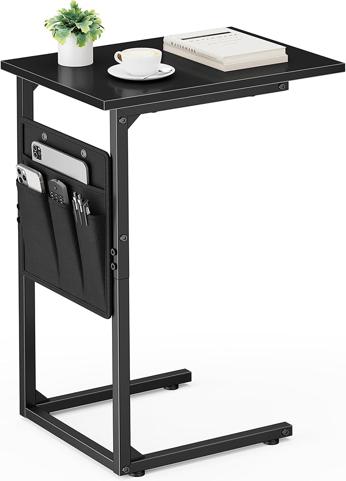Vagusicc C Shaped End Table, Small Side Table for Couch, Couch Side Table Arm C Table for Sofa, TV Tray Slide Under Sofa Drink Table with Metal Frame for Living Room, Bedroom, Bedside, Black
