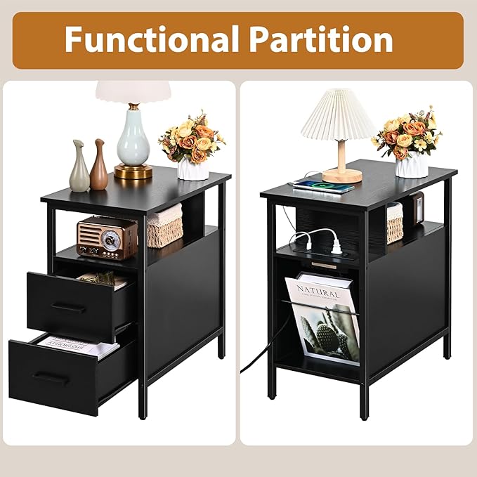 Livofloral Black Side Tables, End Table with Charging Station, Narrow End Table with 2 Wooden Drawers, USB Ports and Power Outlets, Slim Nightstand and Bedside Table, End Tables Living Room, Bedroom