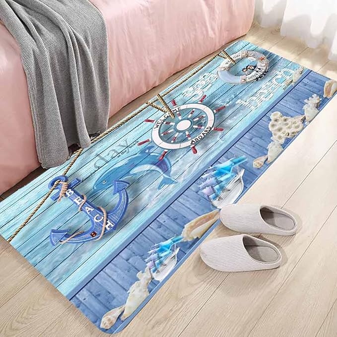 Bath Rugs Sponge Foam Absorbent Soft for Bathroom and Kitchen (71 x 24 inches), Flannel Mat Non Slip Bright 3D Print for Bedside and Living Room(Nautical Anchor Helmsman)