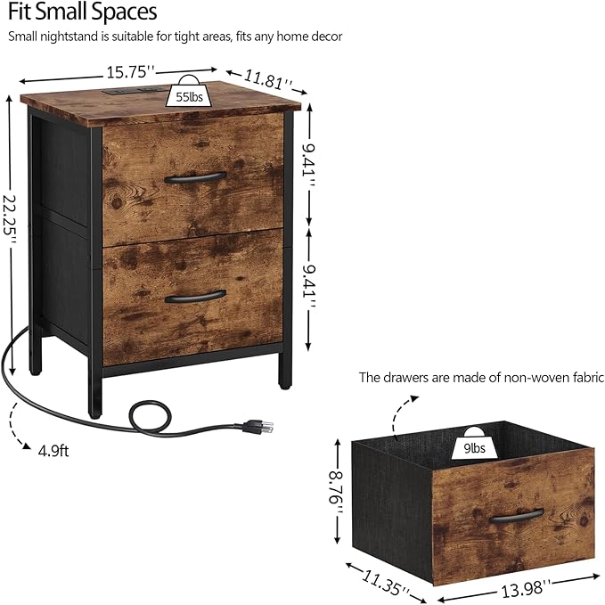 Vagusicc Nightstand Set of 2 with Charging Station, End Table Bedside Table with Power Outlet & USB Ports, Side Table with 2 Fabric Drawers for Bedroom, Living Room, Rustic Brown