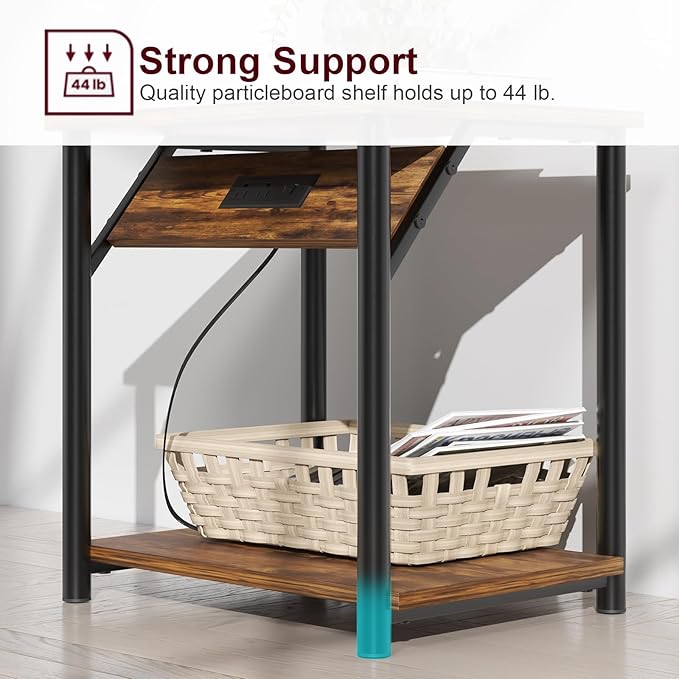 Night Stands Set of 2, Small End Tables with Charging Station, Small Side Tables for Living Room, Bedside Tables with 2-Tier Storage Shelf, Nightstand with Outlets and USB Ports, Rustic Brown/Black