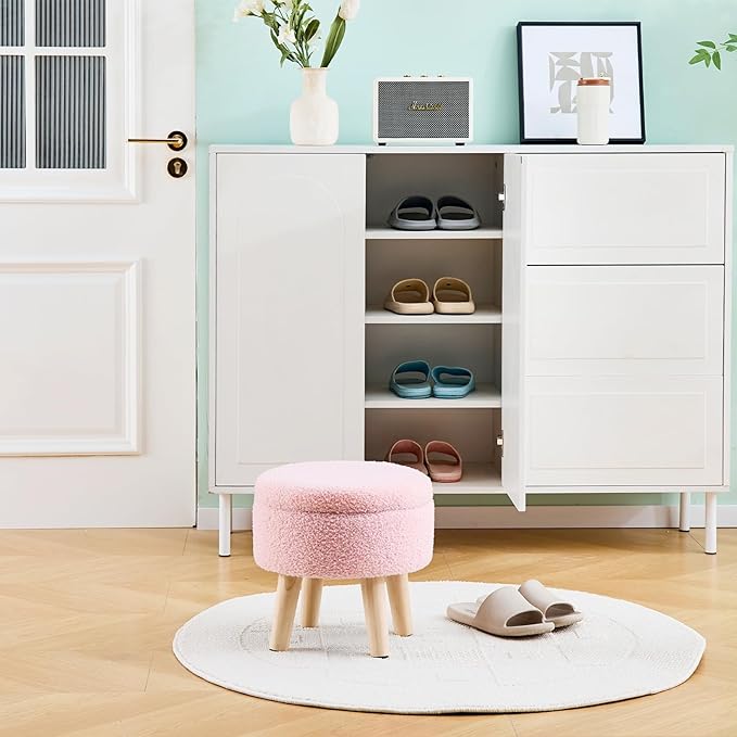 Mxfurhawa Versatile Storage Ottoman, Round Footstool with Soft Padded Seat, Small End Table with 4 Wood Legs, Teddy Velvet Foot Rest for Couch,Shoe Changing Stool for Living Room (Pink)