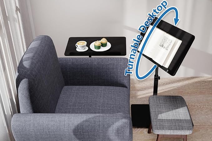 C Shaped End Table,20" W x 14" L,17"-31" Adjustable Height,Swivel and Turnable Desktop,Foldable Side Table for Small Spaces,Black Walnut (Black, 19.7" x 13.8")