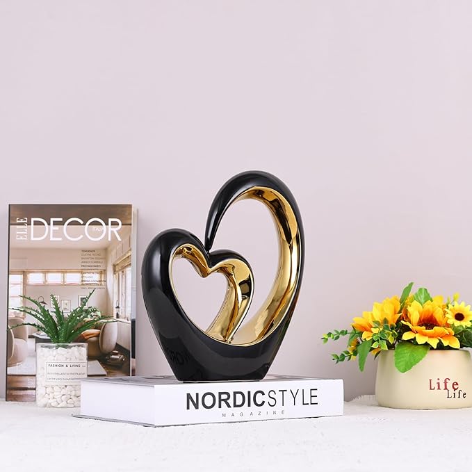 LCCCK Porcelain Double Heart Decor,Black and Gold Sculpture Home Decor for Living Room Entryway Coffee Dining Table Shelves, Wedding Anniversary, Valentine's Gift for Couples & Lovers Modern