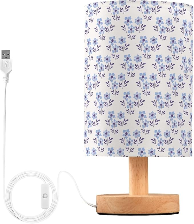 Small Table Lamp for Bedroom Bedside Nightstand with Wire Switch Desk Lamps Linen Fabric Shade Flower Print(Blue)