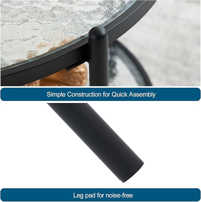 VINGLI 25.6" Small Matte Black Round Coffee Table Water-Wave Glass Circle Clear Coffee Table, Center Table with 2-Tier Modern Storage Design for Living Room, Bedroom, Meeting Room, Balcony, Patio