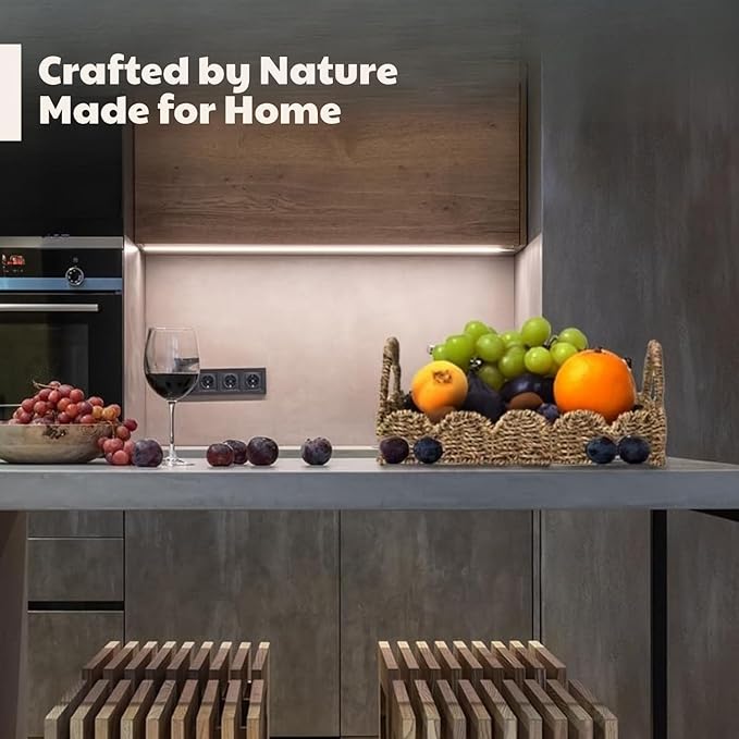 14" Handmade Wicker Tray with Scalloped Edge, Seagrass Basket with Handles, Decorative Boho Accent for Coffee Table or Ottoman, Holiday Serving