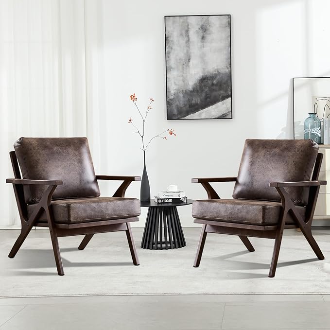 INZOY Mid-Century Modern Accent Chair Set of 2, Breathable PU Leather Living Room Chair and Soft Thick Padded Armchair for Living Room Bedroom Reception with Removable Upholstered Cushions, Dark Grey