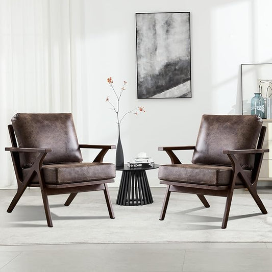 INZOY Mid-Century Modern Accent Chair Set of 2, Breathable PU Leather Living Room Chair and Soft Thick Padded Armchair for Living Room Bedroom Reception with Removable Upholstered Cushions, Dark Grey