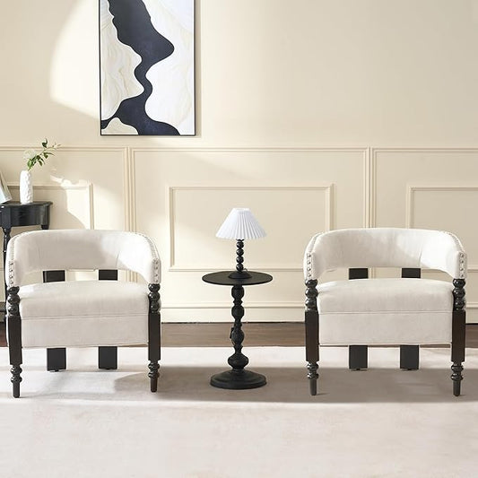 LOULENS Barrel Accent Chairs Set of 2, Vintage Chenille Upholstered Lounge Chair with Solid Wood Legs, Comfy Leisure Side Armchair for Living Room, Bedroom, Reading Nook, Corner, Beige