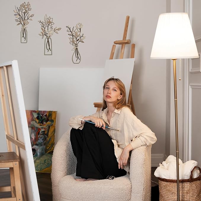 ARTINME 3 Pieces Metal Flowers Wall Arts - Rustic Farmhouse Decor Minimalist Flower Wall Decors for Living room Bathroom Kitchen Bedroom Dining Room - Housewarming Gifts (Brown)