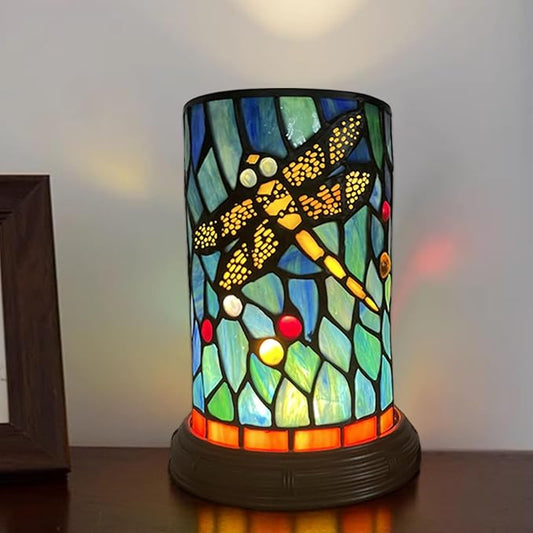 Tiffany Lamp Small Bedside Table Lamp for Bedroom 3-Color 3 Way Dimmable LED Night Light Blue Dragonfly Stained Glass Hand-Made Nightstand Lamps for Living Room Mother's Day Christmas Gifts