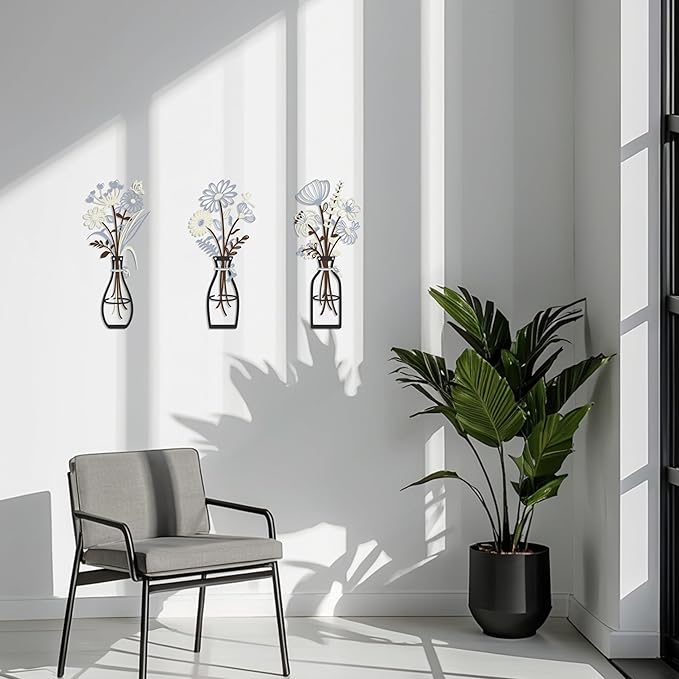 Iron Metal Vase Flower Wall Art Minimalist Black Floral Decor for Living Room Bedroom Kitchen, Office Garden - Modern Farmhouse Home Decor & Housewarming Gifts (Beige-Blue No Text)