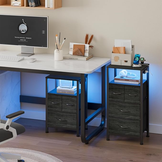 Furnulem Black Nightstand with Wood Shelf, Bed Side Table with Led Light and Charging Station, 25.8 Inch End Table with 3 Fabric Storage Drawers, Small Night Stand for Bedroom Furniture