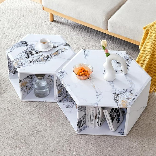 Faux Marble Coffee Table Set for 2, Modern Living Room Table Set, White Center Table Set, No Assembly Required - Ready to Use