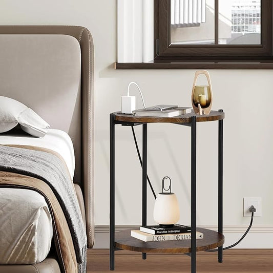 2 Tier Round Side Table, Folding End Tables Coffee Table Simplistic Sofa Table Waterproof Removable Tray Table Indoor Outdoor Accent Table for Living Room Bedroom (Brown, 2pcs)